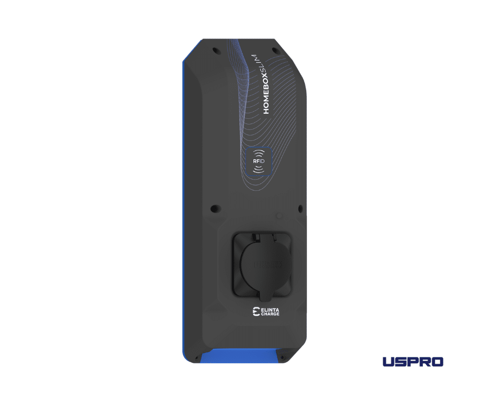 Elinta Charge HomeBox Slim 22kW įkrovimo stotelė sumontuota ant namo sienos